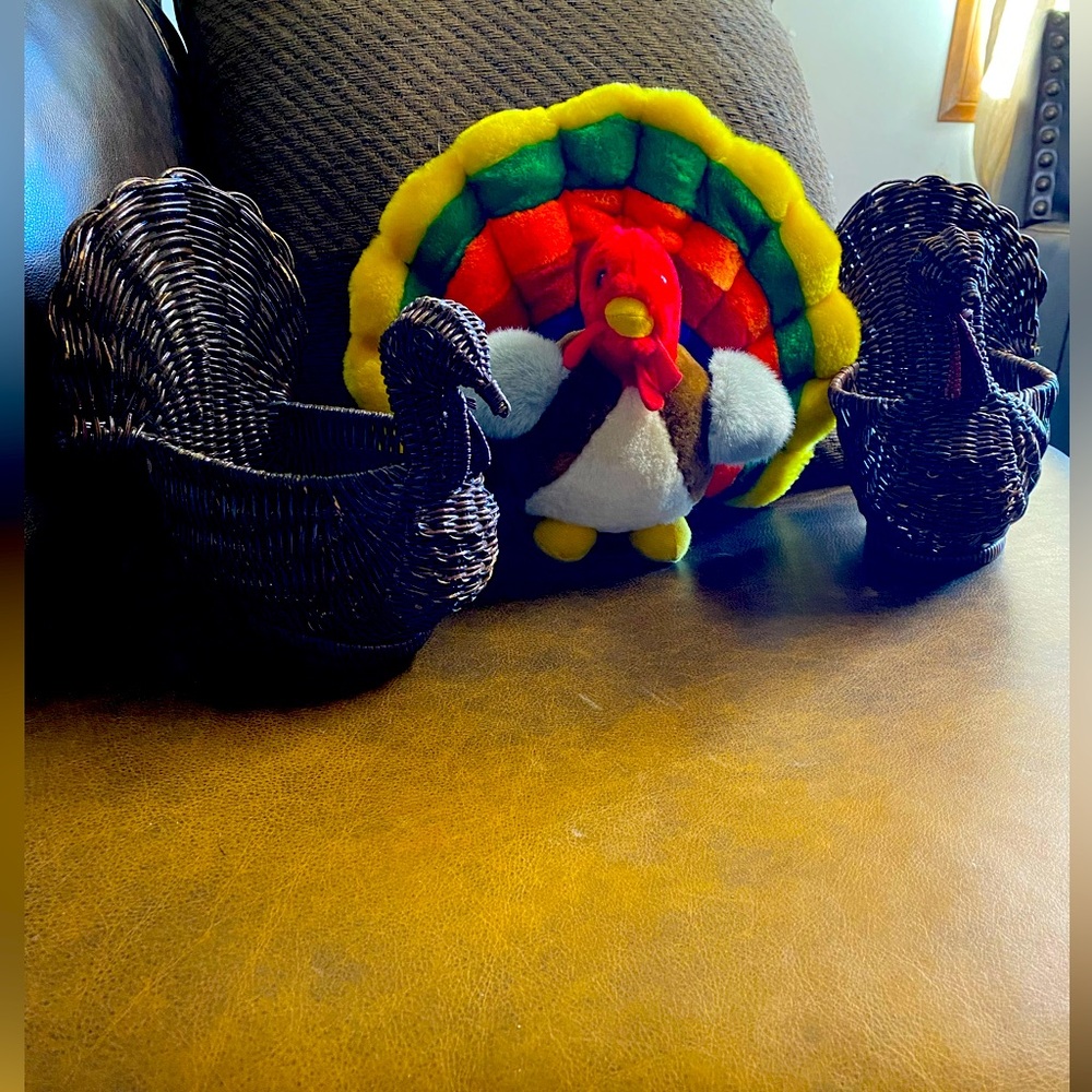 2 Vintage Turkey Baskets & 1 Anico collectible Turkey Plush